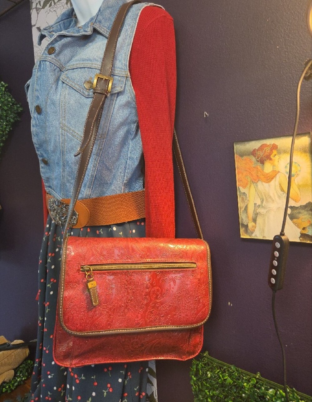 Red Relic Embossed Paisley Fold Over Messenger Bag